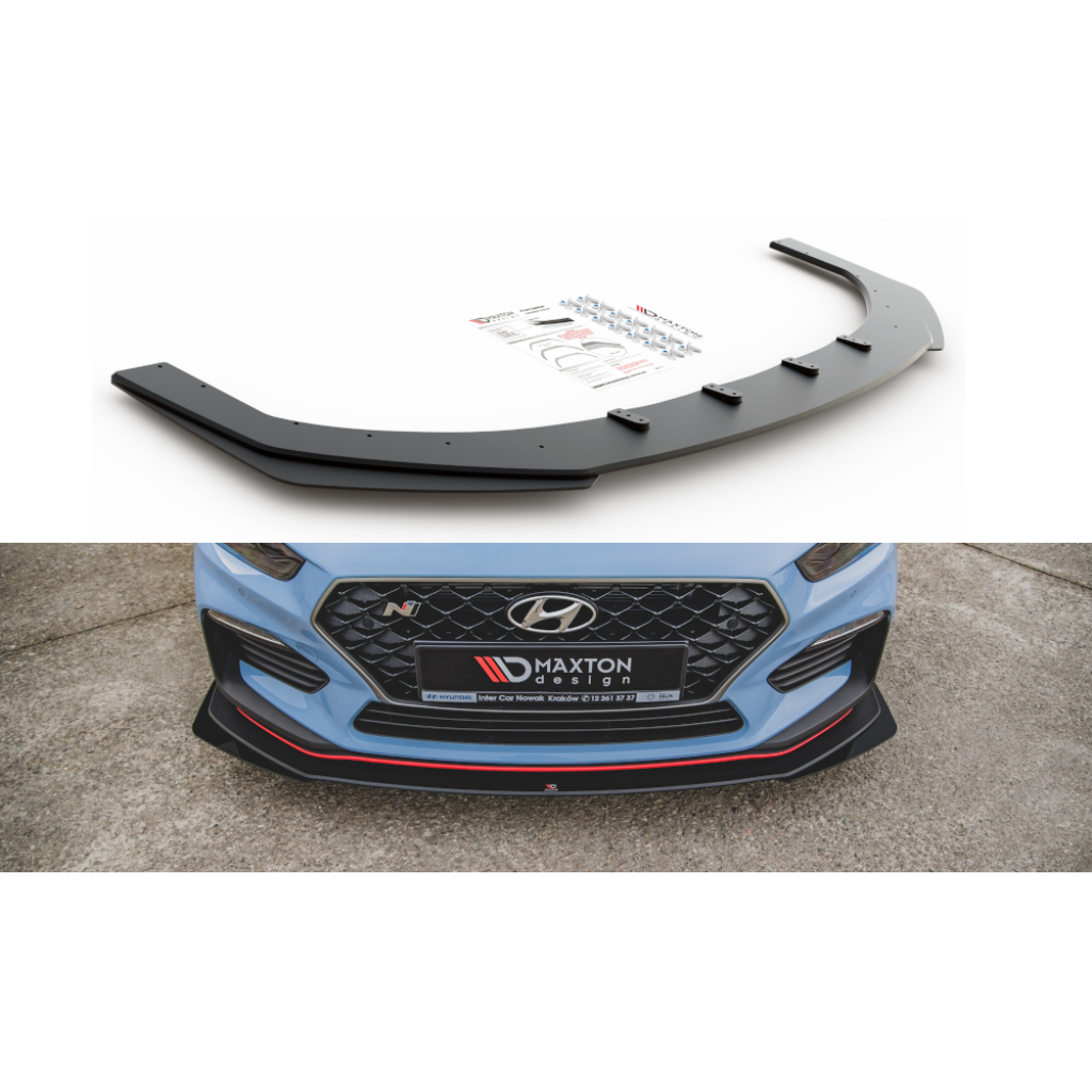 Maxton Design "Racing durability" spoiler pod přední nárazník s rohovými splittery pro Hyundai i30 N Mk3, černý lesklý plast ABS, s černou a červenou linkou