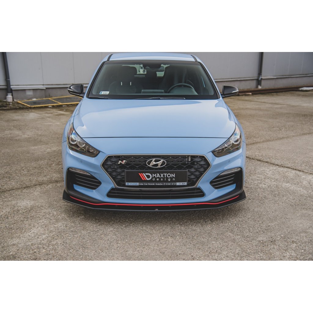 Maxton Design "Racing durability" spoiler pod přední nárazník s rohovými splittery pro Hyundai i30 N Mk3, černý lesklý plast ABS, s černou a červenou linkou