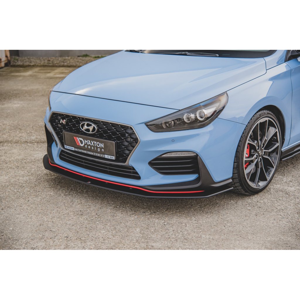 Maxton Design "Racing durability" spoiler pod přední nárazník s rohovými splittery pro Hyundai i30 N Mk3, černý lesklý plast ABS, s černou a červenou linkou