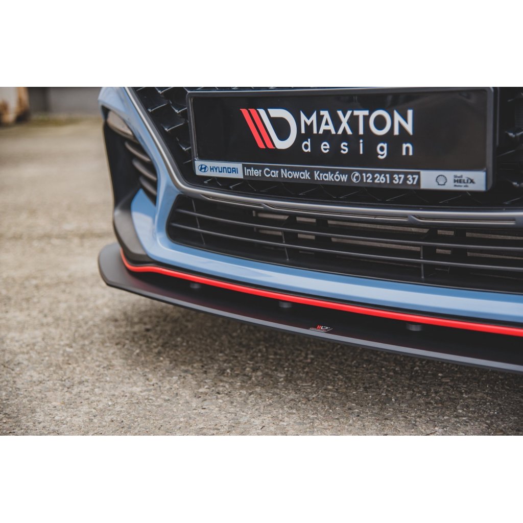 Maxton Design "Racing durability" spoiler pod přední nárazník s rohovými splittery pro Hyundai i30 N Mk3, černý lesklý plast ABS, s černou a červenou linkou