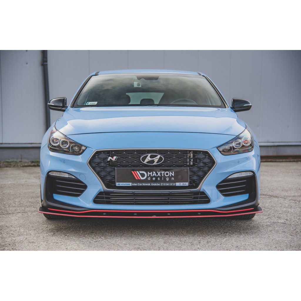 Maxton Design "Racing durability" spoiler pod přední nárazník s rohovými splittery pro Hyundai i30 N Mk3, černý lesklý plast ABS, s černou a červenou linkou