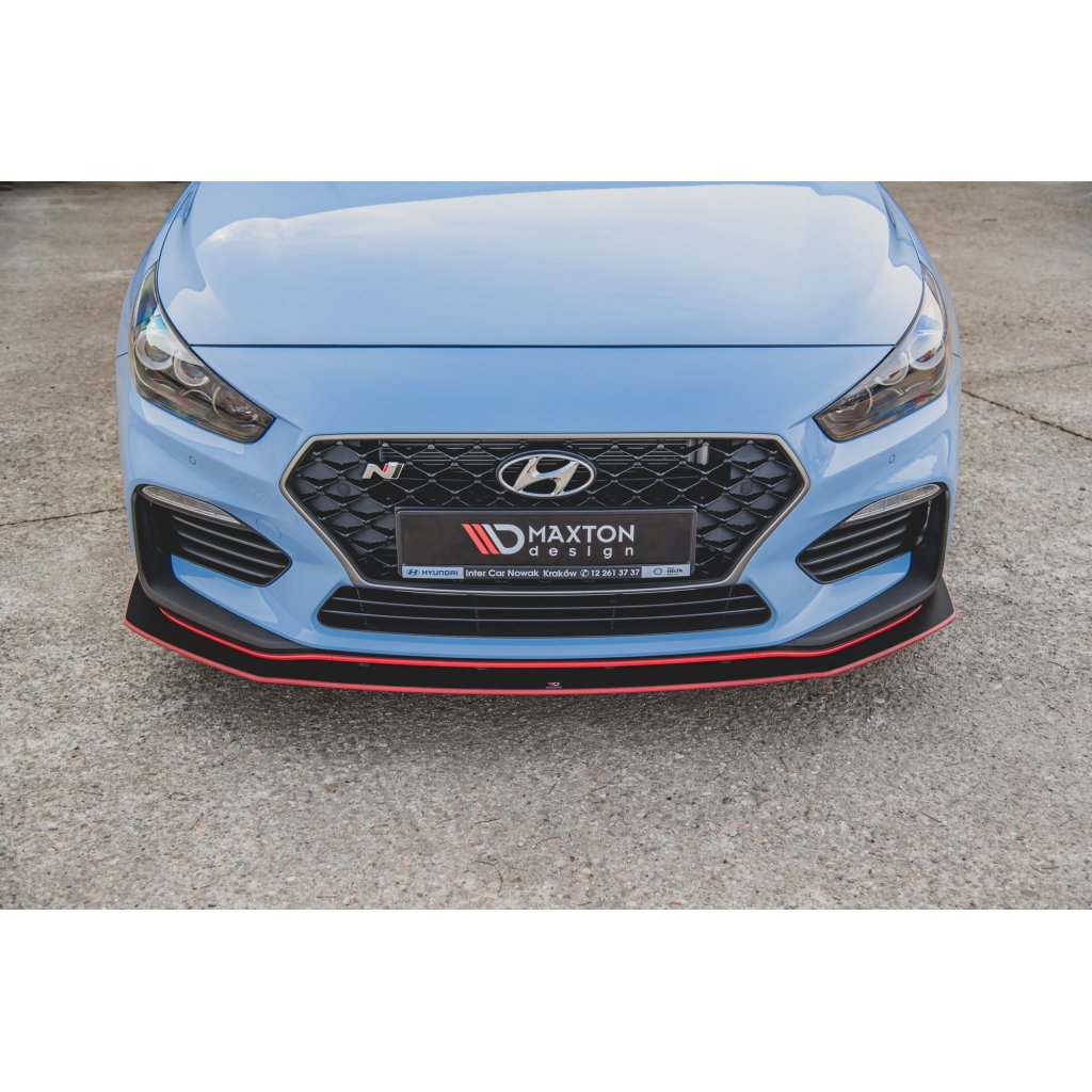 Maxton Design "Racing durability" spoiler pod přední nárazník s rohovými splittery pro Hyundai i30 N Mk3, černý lesklý plast ABS, s černou a červenou linkou