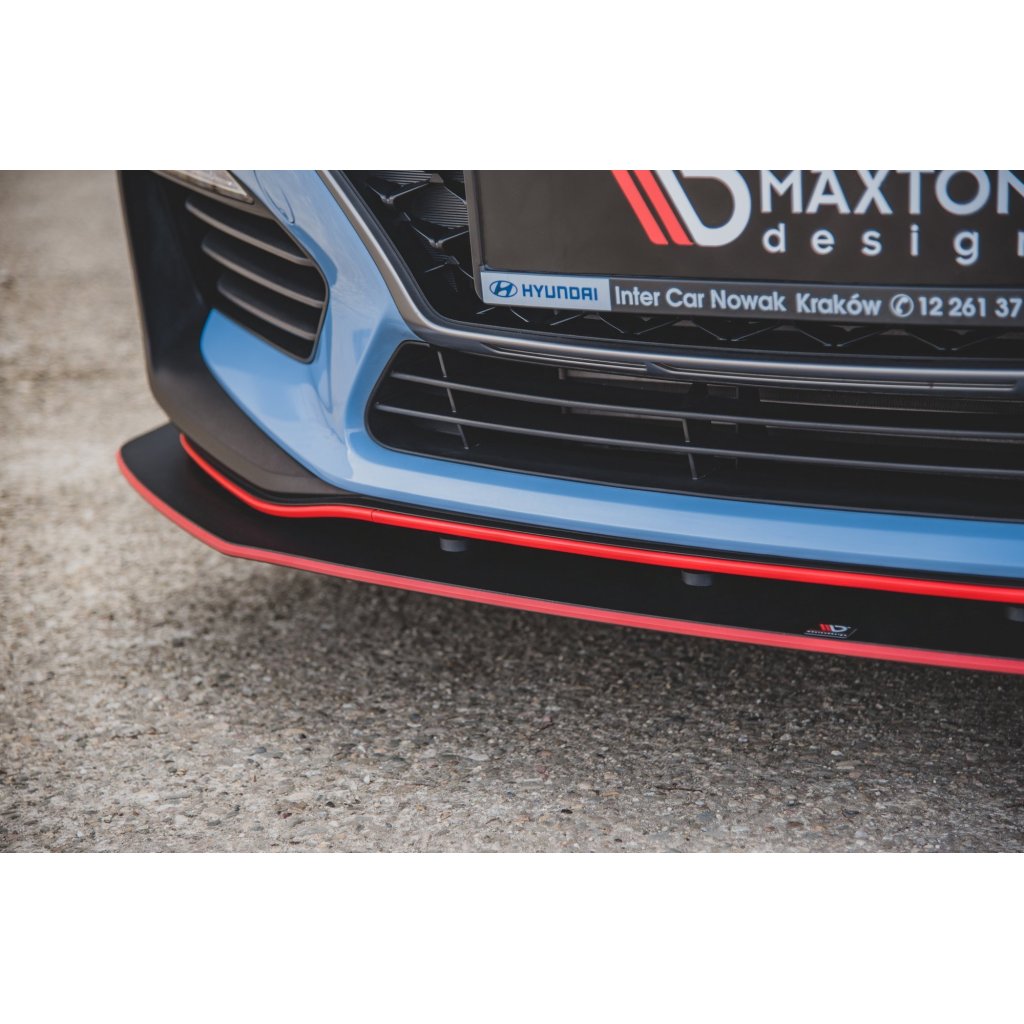 Maxton Design "Racing durability" spoiler pod přední nárazník s rohovými splittery pro Hyundai i30 N Mk3, černý lesklý plast ABS, s černou a červenou linkou