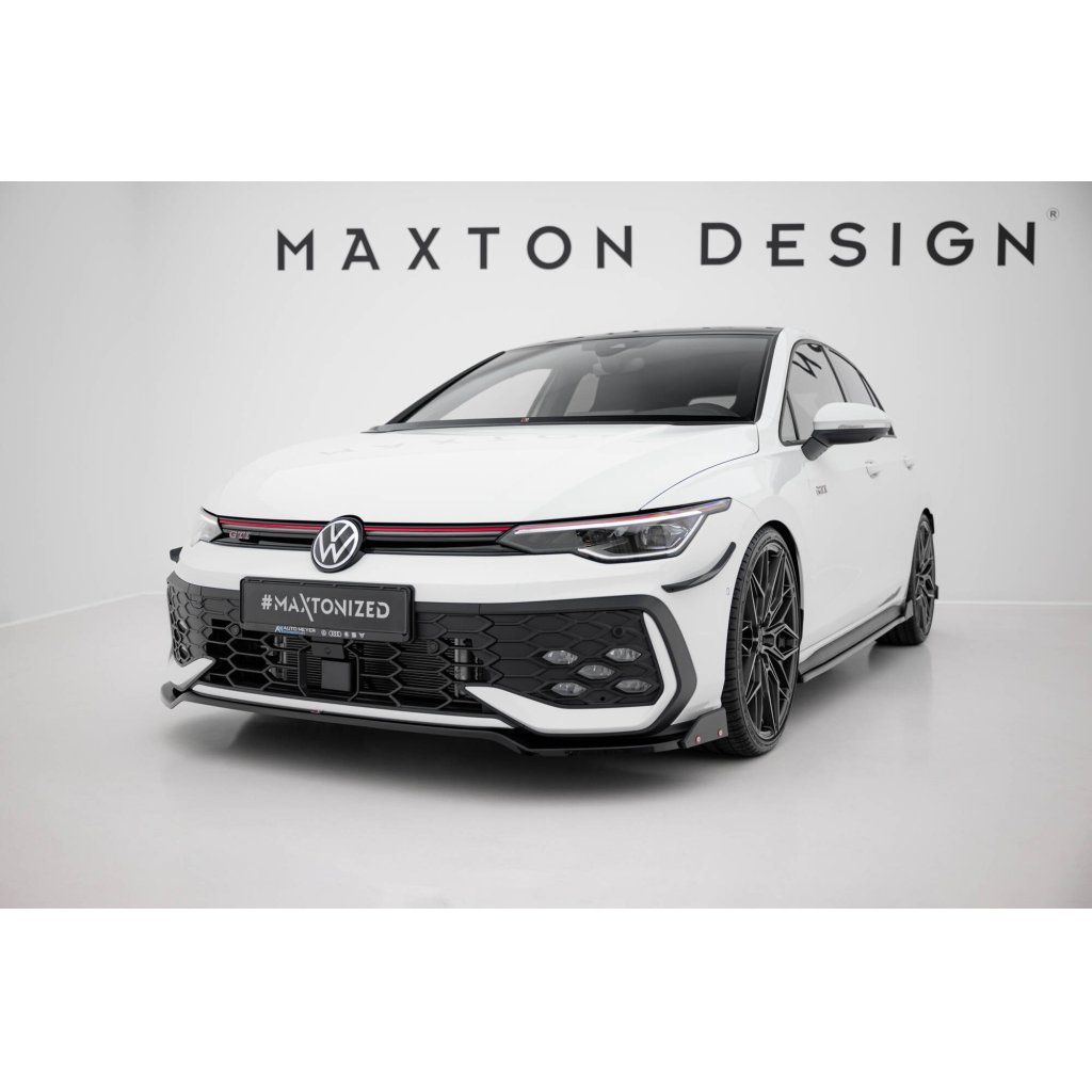 Maxton Design spoiler pod přední nárazník ver.3 s křidélky pro Volkswagen Golf R-Line Mk8 Facelift, černý lesklý plast ABS