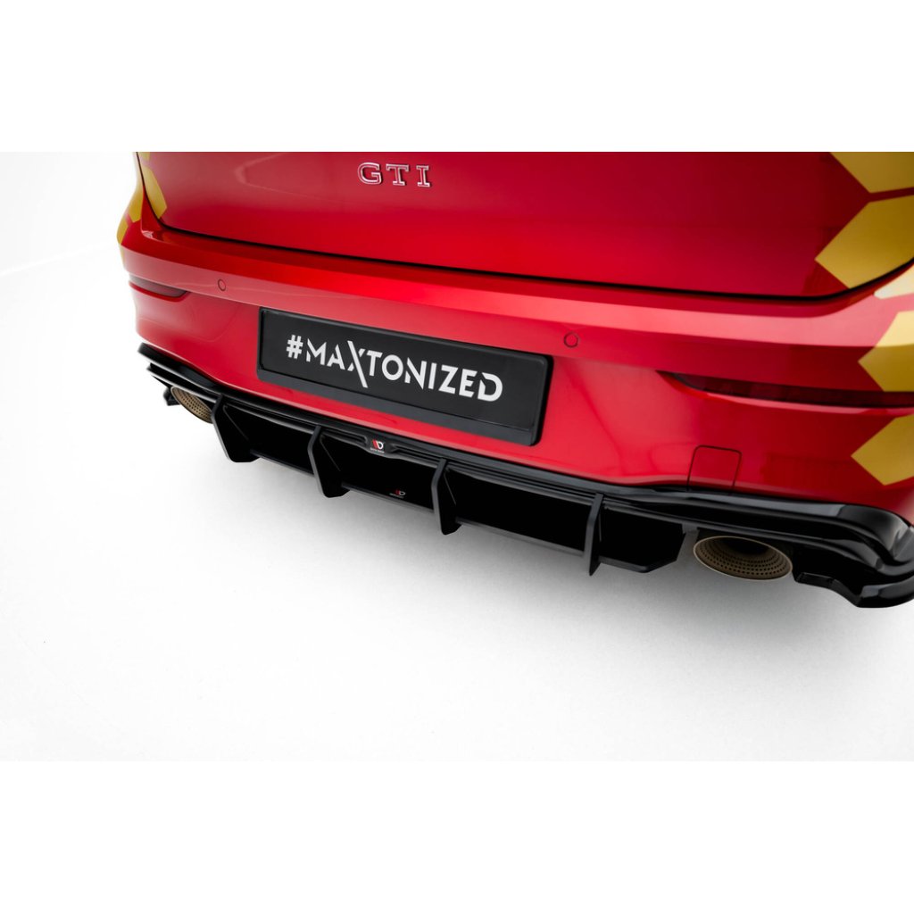 Maxton Design "Street Pro" difuzor zadního nárazníku v.1 pro Volkswagen Golf GTI Mk8 Facelift, černý lesklý plast ABS, Clubsport, s červenou linkou