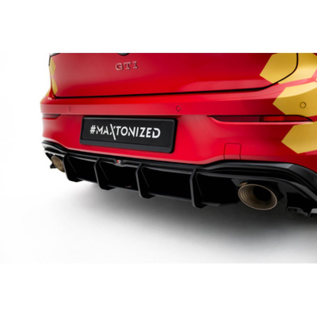 Maxton Design "Street Pro" difuzor zadního nárazníku v.1 pro Volkswagen Golf GTI Mk8 Facelift, černý lesklý plast ABS, Clubsport, s červenou linkou