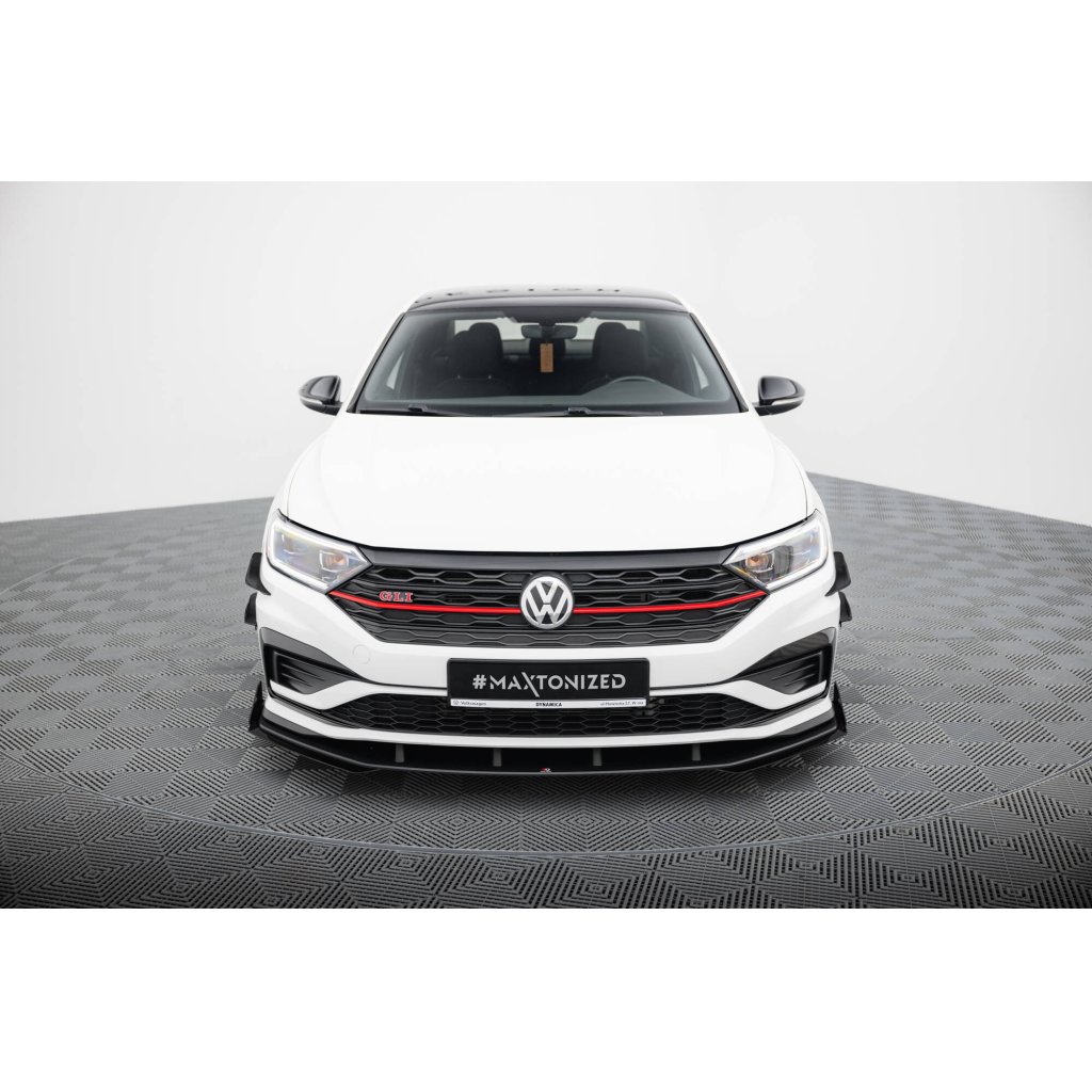 Maxton Design "Street Pro" spoiler pod přední nárazník s křidélky pro Volkswagen Jetta Mk7 GLI, černý lesklý plast ABS, s černou linkou
