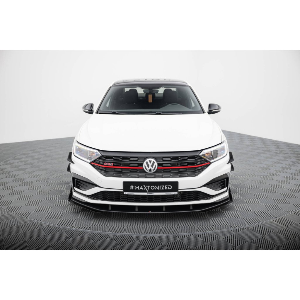 Maxton Design "Street Pro" spoiler pod přední nárazník s křidélky pro Volkswagen Jetta Mk7 GLI, černý lesklý plast ABS, s černou linkou