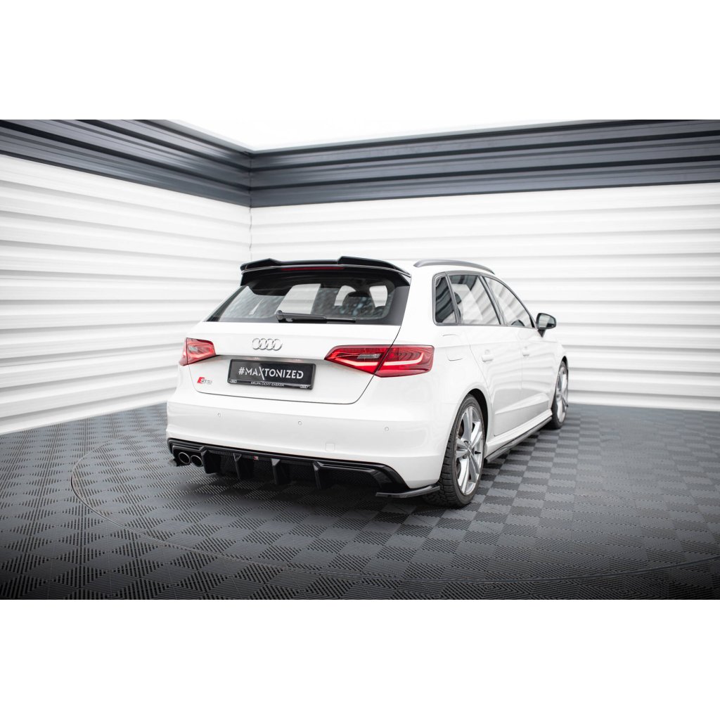 Maxton Design vložka zadního nárazníku pro Audi A3 8V, černý lesklý plast ABS, S-Line Sportback, verze s dvojitou koncovkou na jedné straně