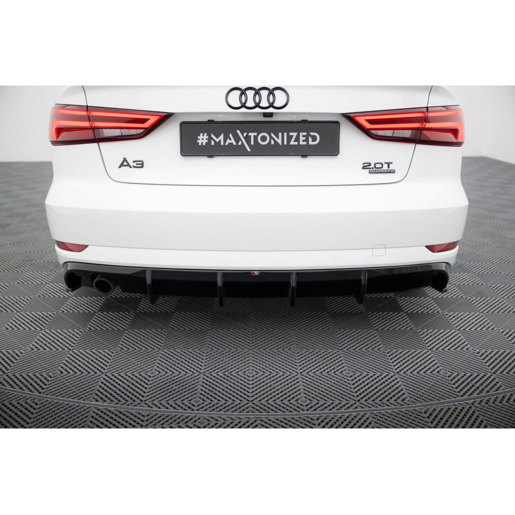 Maxton Design vložka zadního nárazníku pro Audi A3 8V FL, černý lesklý plast ABS, Sedan, verze s jednoduchou koncovkou na jedné straně
