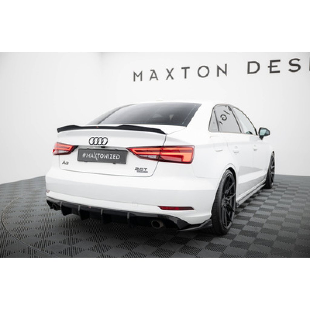 Maxton Design vložka zadního nárazníku pro Audi A3 8V FL, černý lesklý plast ABS, Sedan, verze s jednoduchou koncovkou na obou stranách