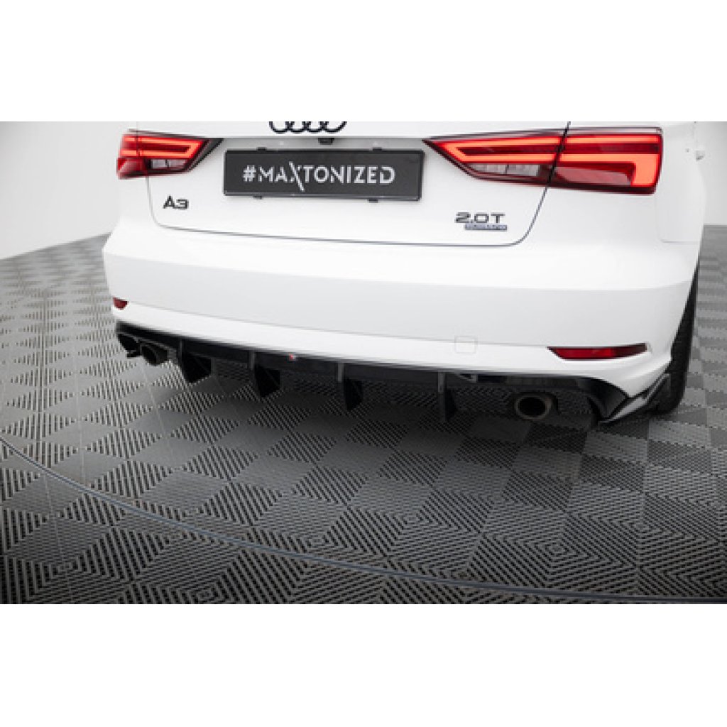 Maxton Design vložka zadního nárazníku pro Audi A3 8V FL, černý lesklý plast ABS, Sedan, verze s jednoduchou koncovkou na obou stranách