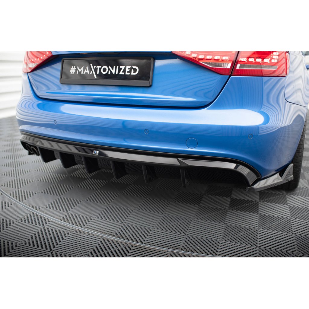 Maxton Design vložka zadního nárazníku pro Audi A4 B8, černý lesklý plast ABS, S-Line Sedan / S-Line Avant, verze s dvojitou koncovkou na jedné straně