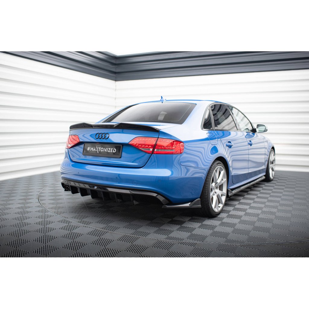 Maxton Design vložka zadního nárazníku pro Audi A4 B8, černý lesklý plast ABS, S-Line Sedan / S-Line Avant, verze s dvojitou koncovkou na jedné straně