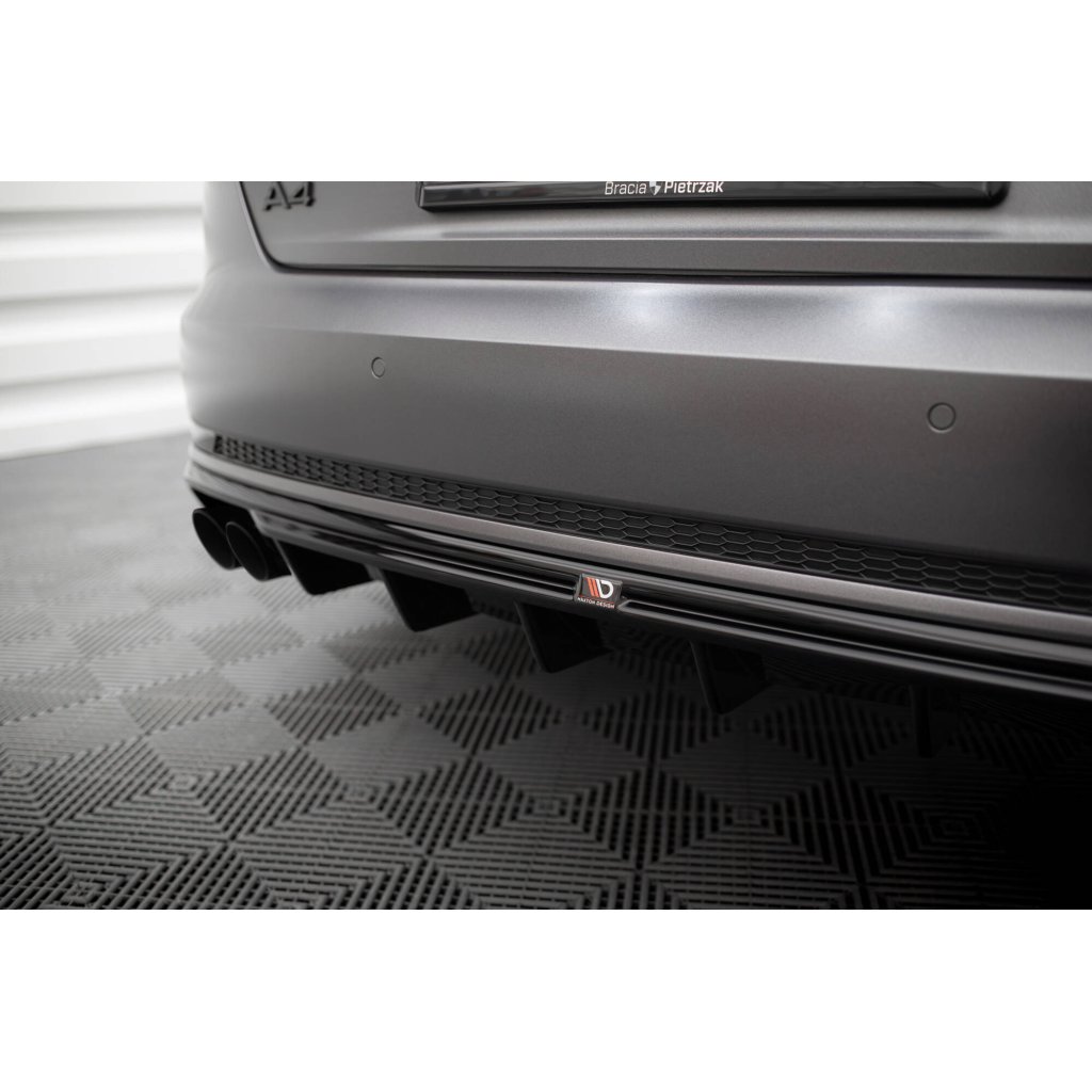 Maxton Design vložka zadního nárazníku pro Audi A4 B9, černý lesklý plast ABS, S-Line Sedan / S-Line Avant, verze s dvojitou koncovkou na jedné straně