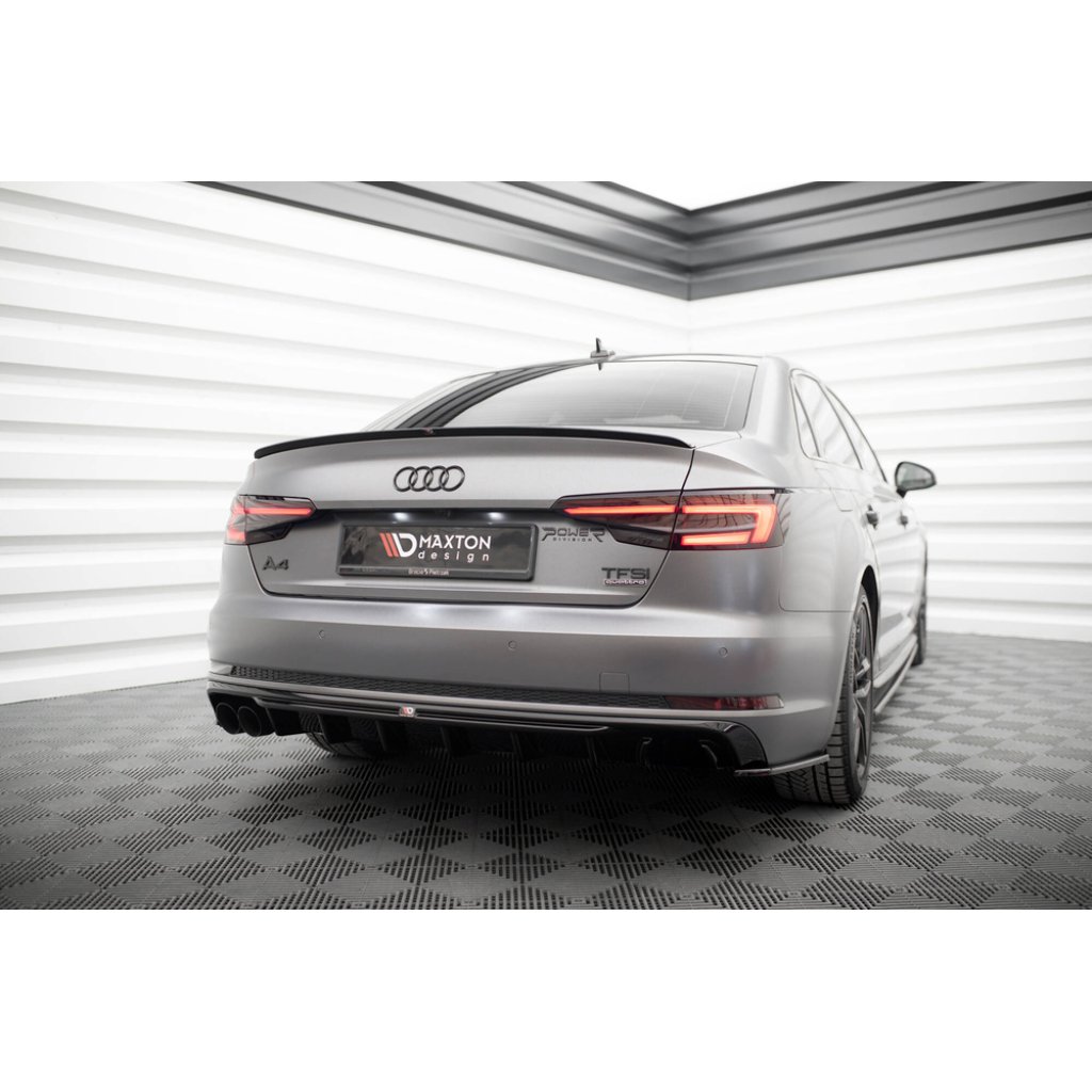 Maxton Design vložka zadního nárazníku pro Audi A4 B9, černý lesklý plast ABS, S-Line Sedan / S-Line Avant, verze s dvojitou koncovkou na jedné straně