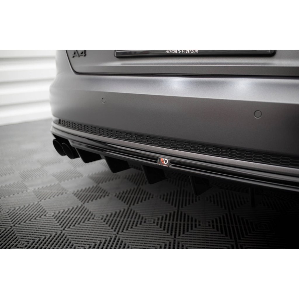 Maxton Design vložka zadního nárazníku pro Audi A4 B9, černý lesklý plast ABS, S-Line Sedan / S-Line Avant, verze s dvojitou koncovkou na jedné straně