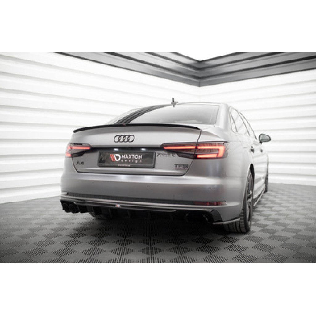 Maxton Design vložka zadního nárazníku pro Audi A4 B9, černý lesklý plast ABS, S-Line Sedan / S-Line Avant, verze s dvojitou koncovkou na jedné straně