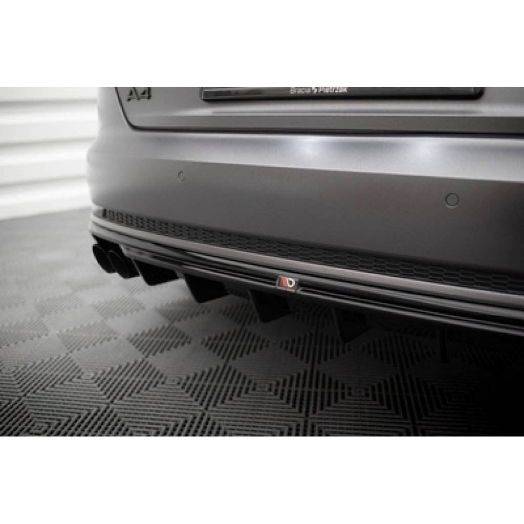 Maxton Design vložka zadního nárazníku pro Audi A4 B9, černý lesklý plast ABS, S-Line Sedan / S-Line Avant, verze s dvojitou koncovkou na jedné straně