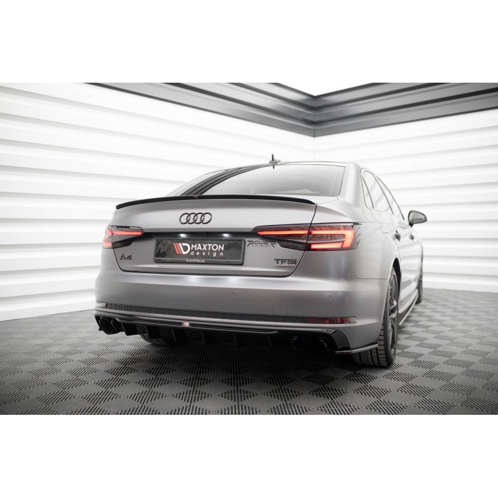 Maxton Design vložka zadního nárazníku pro Audi A4 B9, černý lesklý plast ABS, S-Line Sedan / S-line Avant, verze s jednoduchou koncovkou na jedné straně