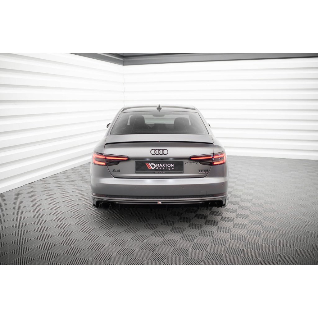 Maxton Design vložka zadního nárazníku pro Audi A4 B9, černý lesklý plast ABS, S-Line Sedan / S-line Avant, verze s jednoduchou koncovkou na jedné straně