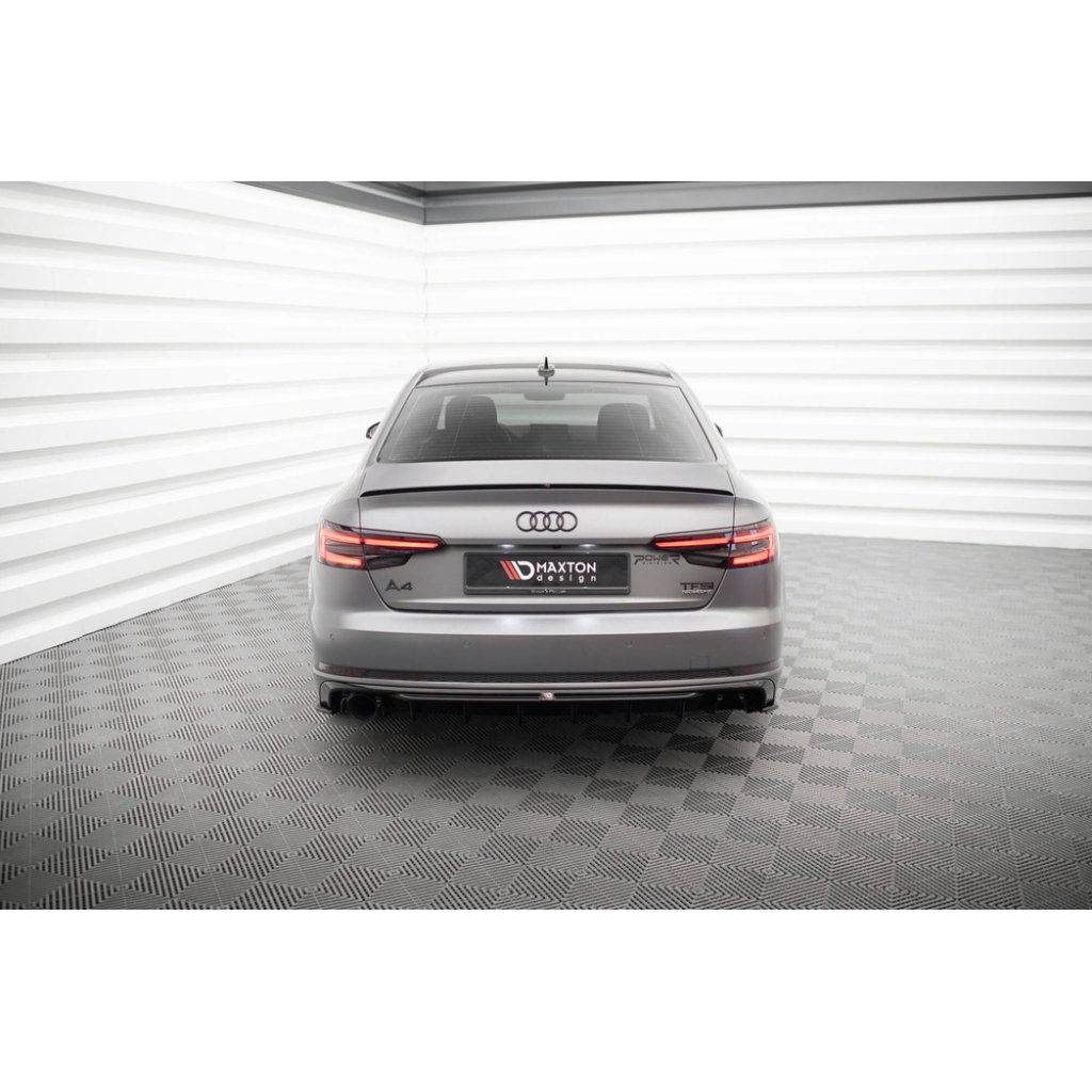 Maxton Design vložka zadního nárazníku pro Audi A4 B9, černý lesklý plast ABS, S-Line Sedan / S-line Avant, verze s jednoduchou koncovkou na jedné straně