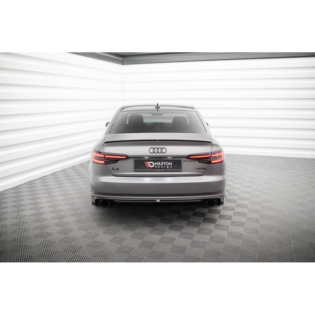 Maxton Design vložka zadního nárazníku pro Audi A4 B9, černý lesklý plast ABS, S-Line Sedan / S-Line Avant, verze s jednoduchou koncovkou na obou stranách