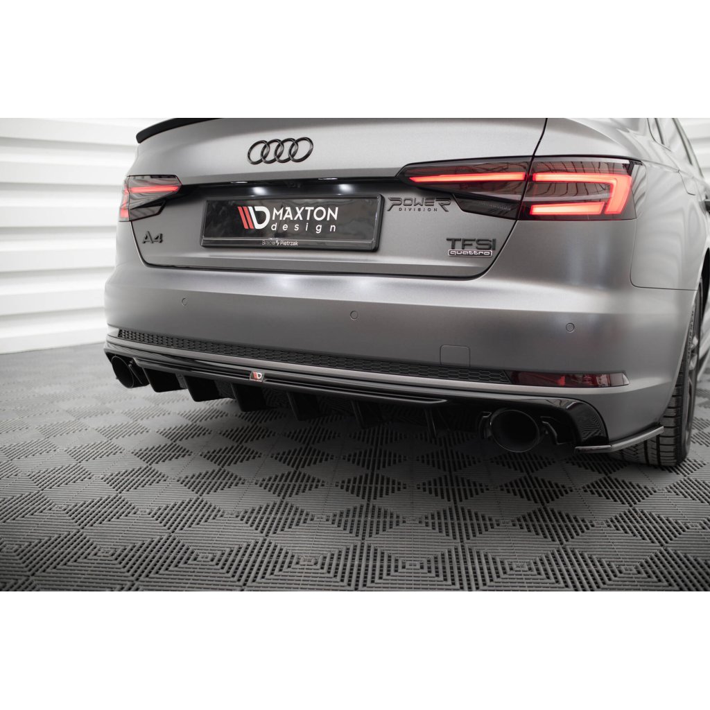 Maxton Design vložka zadního nárazníku pro Audi A4 B9, černý lesklý plast ABS, S-Line Sedan / S-Line Avant, verze s jednoduchou koncovkou na obou stranách