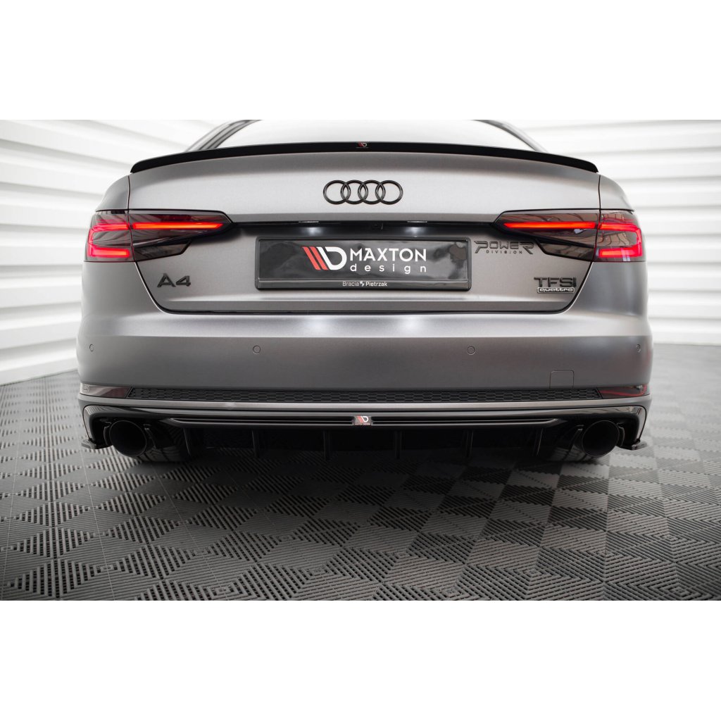 Maxton Design vložka zadního nárazníku pro Audi A4 B9, černý lesklý plast ABS, S-Line Sedan / S-Line Avant, verze s jednoduchou koncovkou na obou stranách