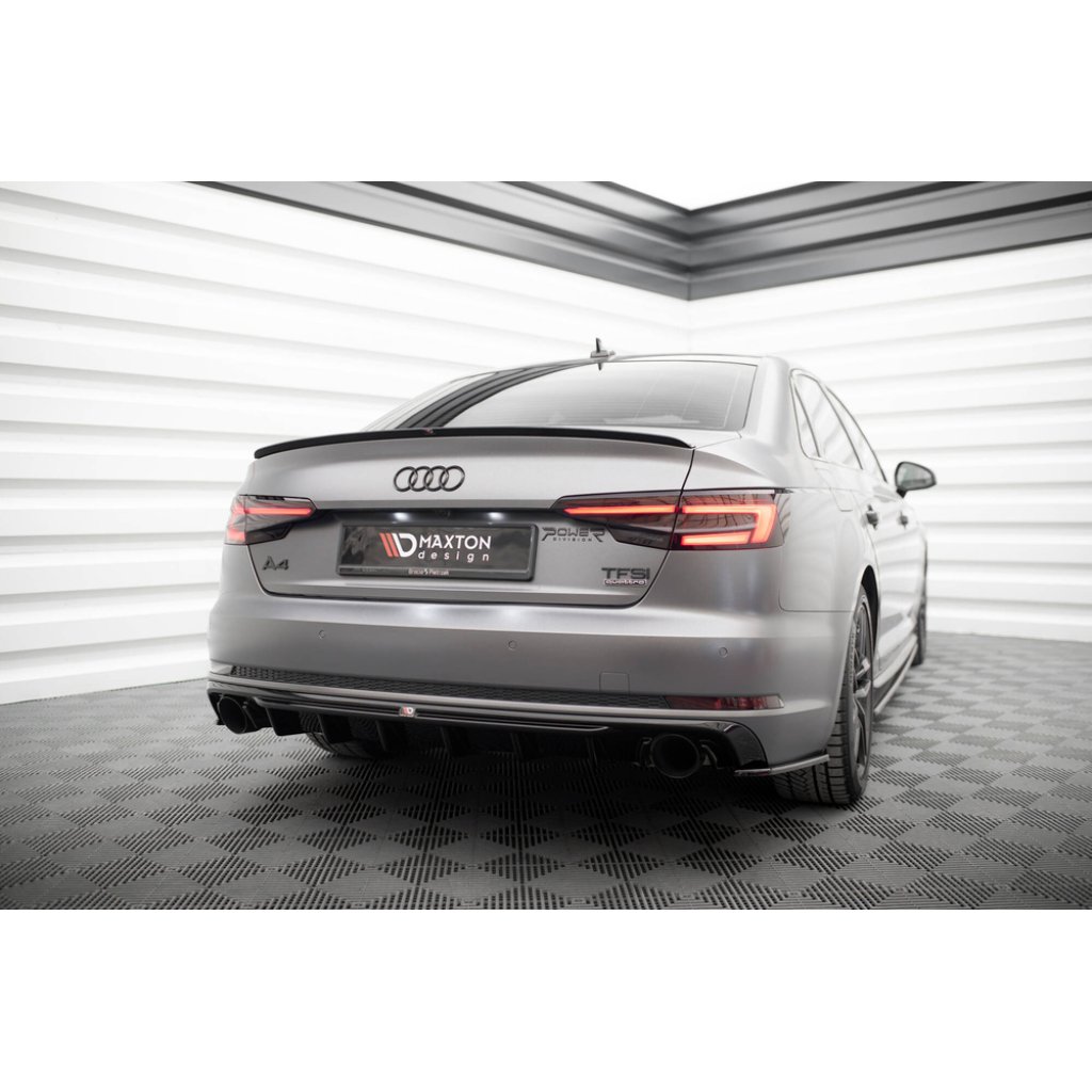 Maxton Design vložka zadního nárazníku pro Audi A4 B9, černý lesklý plast ABS, S-Line Sedan / S-Line Avant, verze s jednoduchou koncovkou na obou stranách