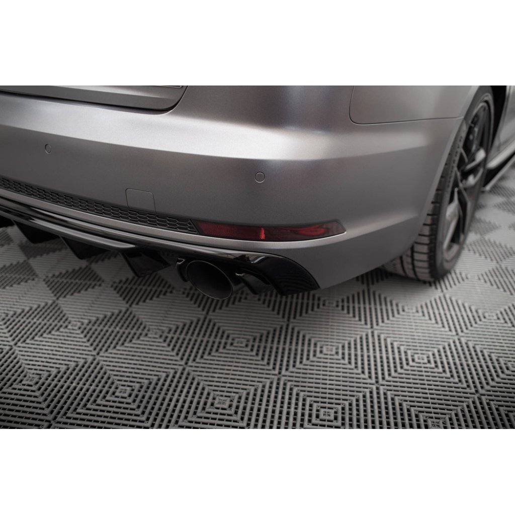 Maxton Design vložka zadního nárazníku pro Audi A4 B9, černý lesklý plast ABS, S-Line Sedan / S-Line Avant, verze s jednoduchou koncovkou na obou stranách