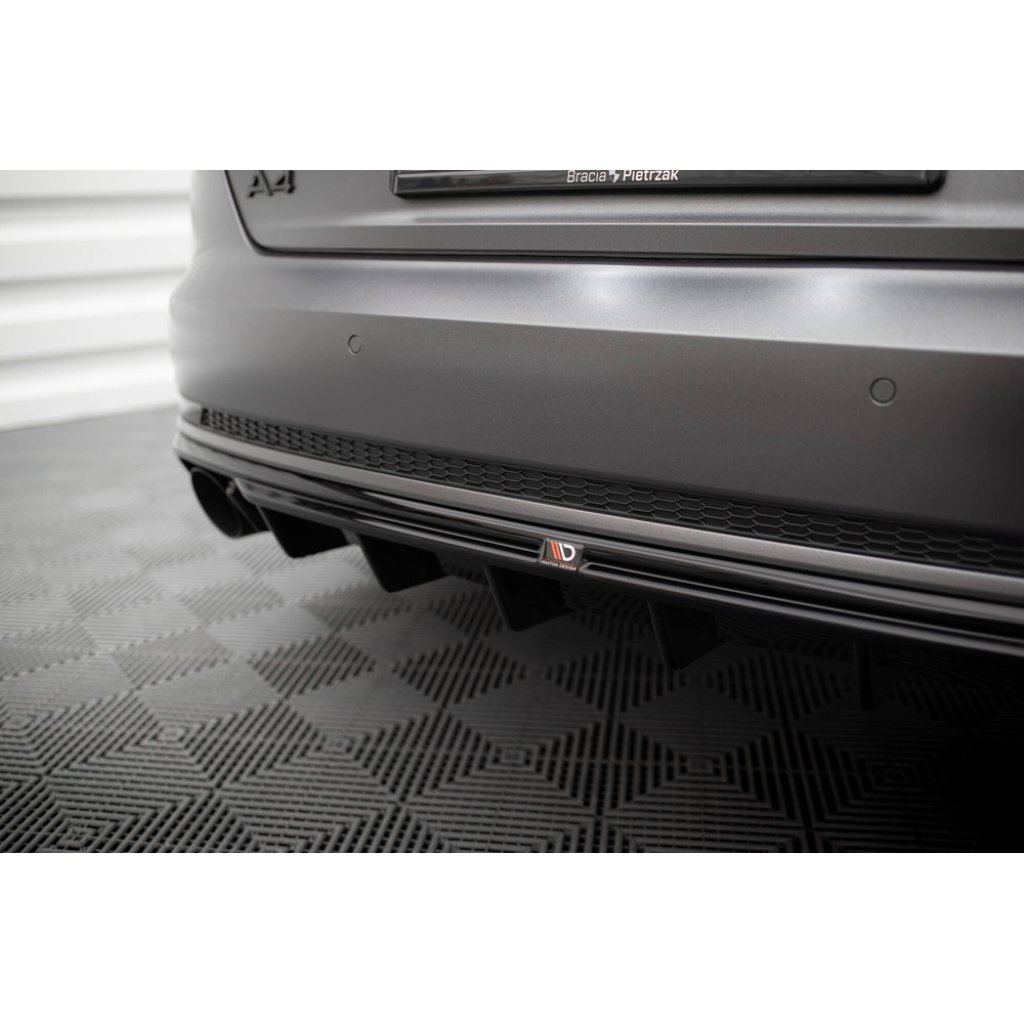 Maxton Design vložka zadního nárazníku pro Audi A4 B9, černý lesklý plast ABS, S-Line Sedan / S-Line Avant, verze s jednoduchou koncovkou na obou stranách