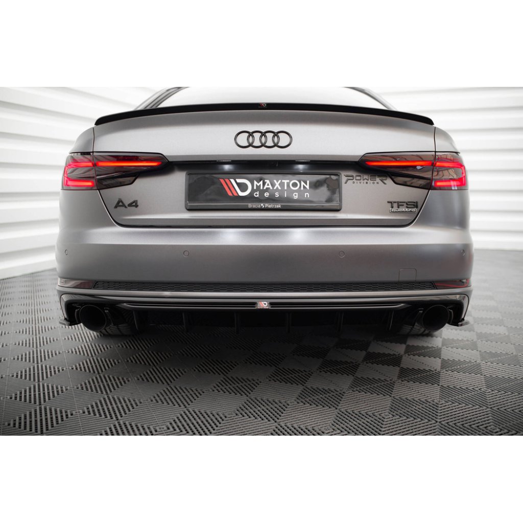 Maxton Design vložka zadního nárazníku pro Audi A4 B9, černý lesklý plast ABS, S-Line Sedan / S-Line Avant, verze s jednoduchou koncovkou na obou stranách