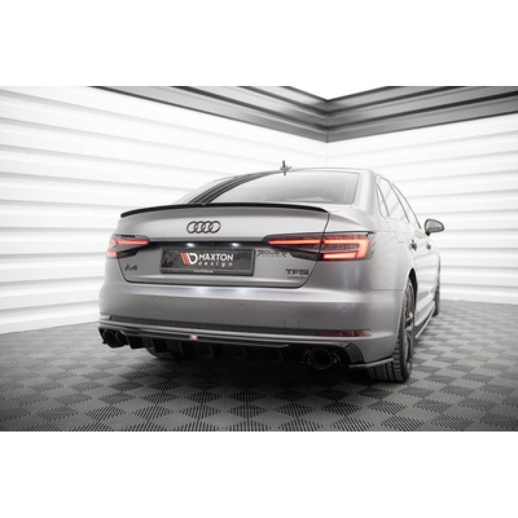 Maxton Design vložka zadního nárazníku pro Audi A4 B9, černý lesklý plast ABS, S-Line Sedan / S-Line Avant, verze s jednoduchou koncovkou na obou stranách