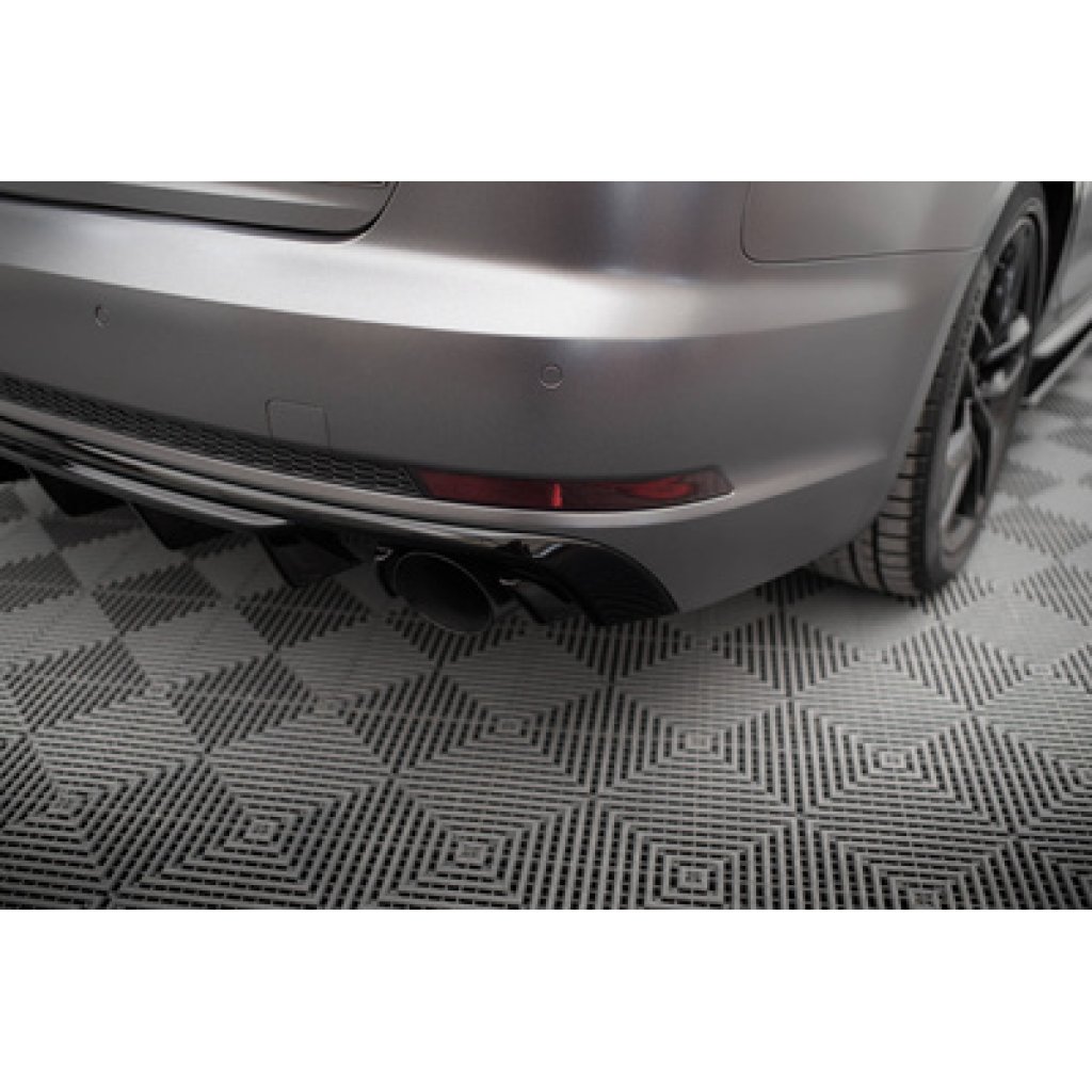 Maxton Design vložka zadního nárazníku pro Audi A4 B9, černý lesklý plast ABS, S-Line Sedan / S-Line Avant, verze s jednoduchou koncovkou na obou stranách