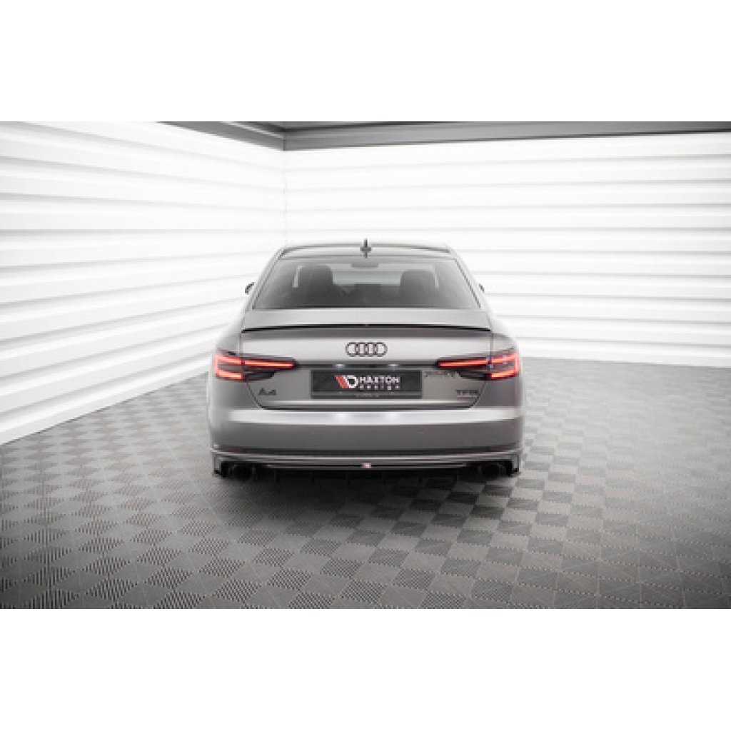 Maxton Design vložka zadního nárazníku pro Audi A4 B9, černý lesklý plast ABS, S-Line Sedan / S-Line Avant, verze s jednoduchou koncovkou na obou stranách