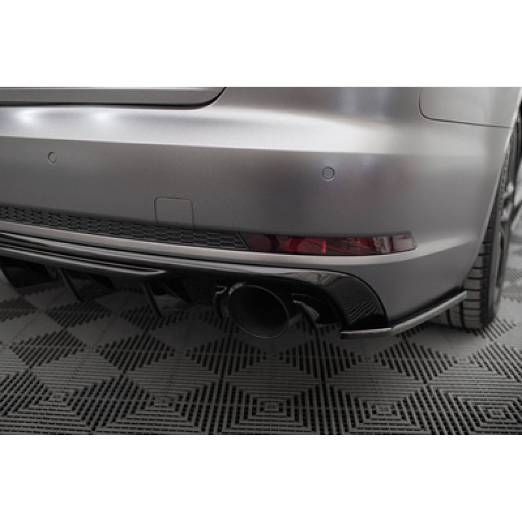 Maxton Design vložka zadního nárazníku pro Audi A4 B9, černý lesklý plast ABS, S-Line Sedan / S-Line Avant, verze s jednoduchou koncovkou na obou stranách