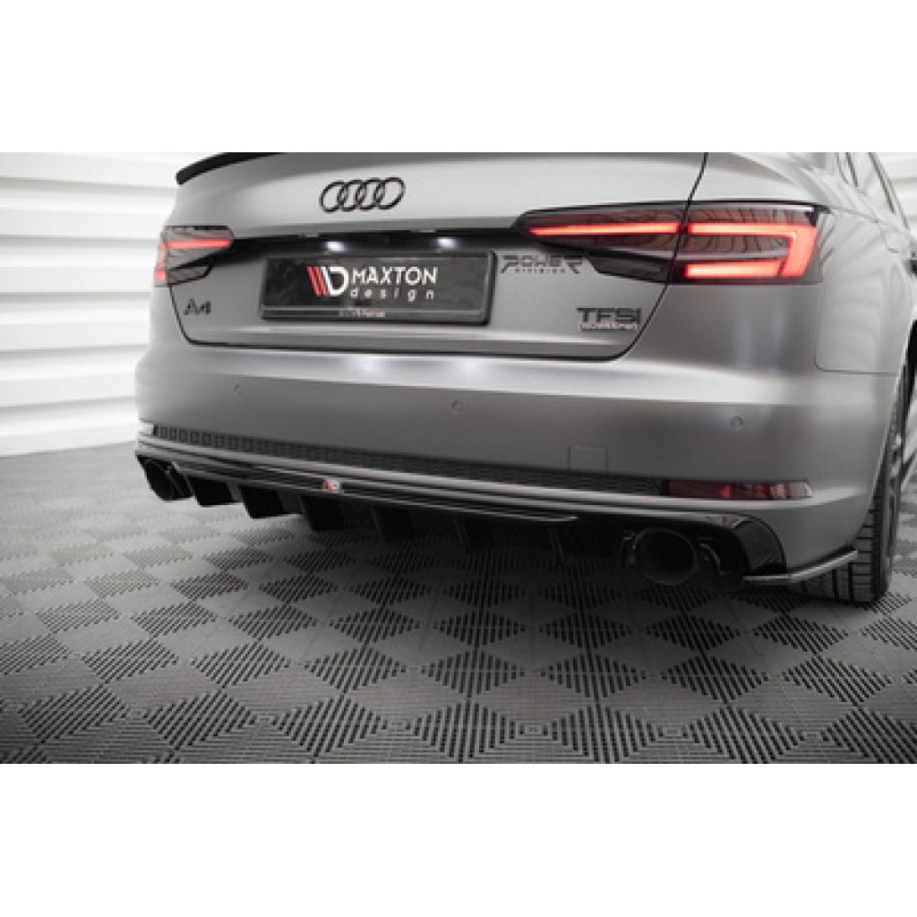 Maxton Design vložka zadního nárazníku pro Audi A4 B9, černý lesklý plast ABS, S-Line Sedan / S-Line Avant, verze s jednoduchou koncovkou na obou stranách