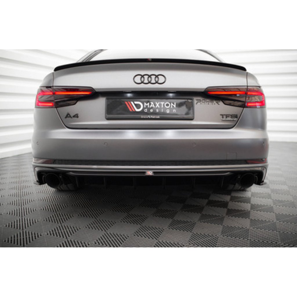Maxton Design vložka zadního nárazníku pro Audi A4 B9, černý lesklý plast ABS, S-Line Sedan / S-Line Avant, verze s jednoduchou koncovkou na obou stranách