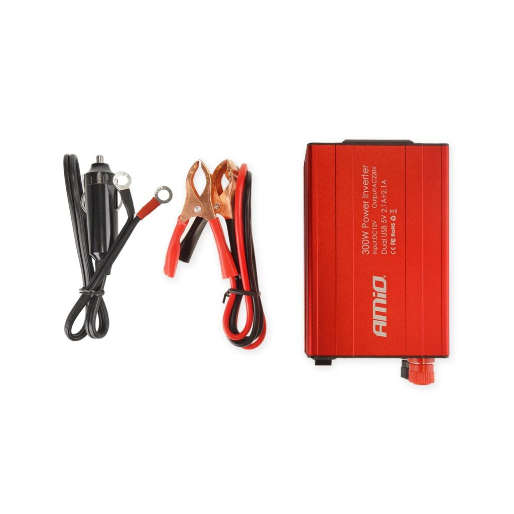 Měnič napětí AMiO 12V/230V, 300W/600W 2xUSB, 02470
