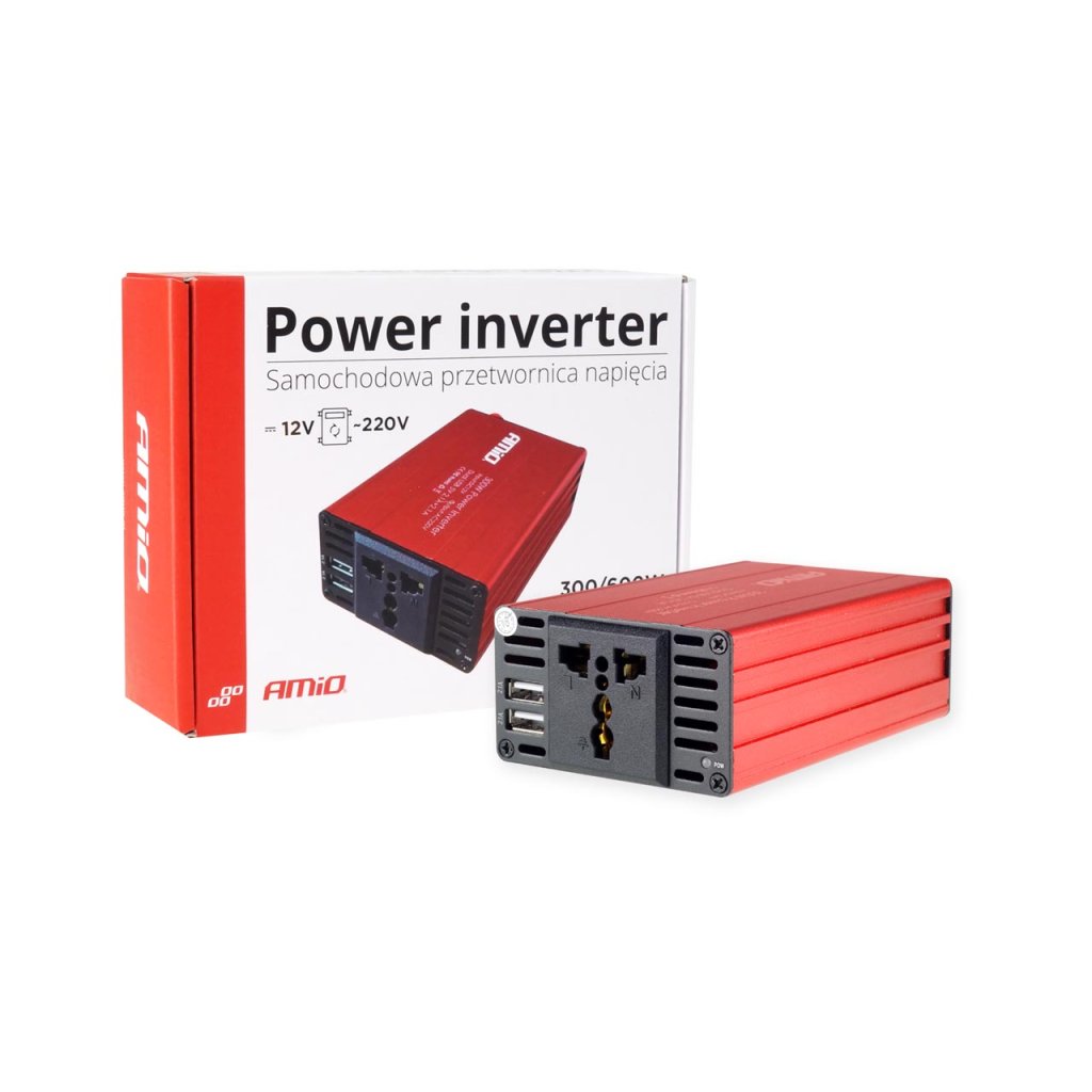 Měnič napětí AMiO 12V/230V, 300W/600W 2xUSB, 02470