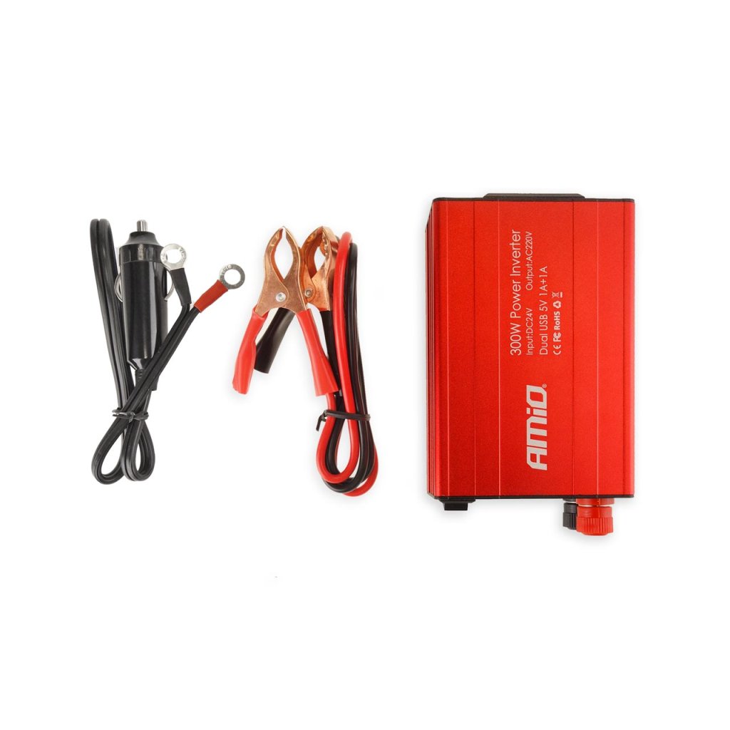 Měnič napětí AMiO 24V/230V, 300W/600W 2xUSB, 02471