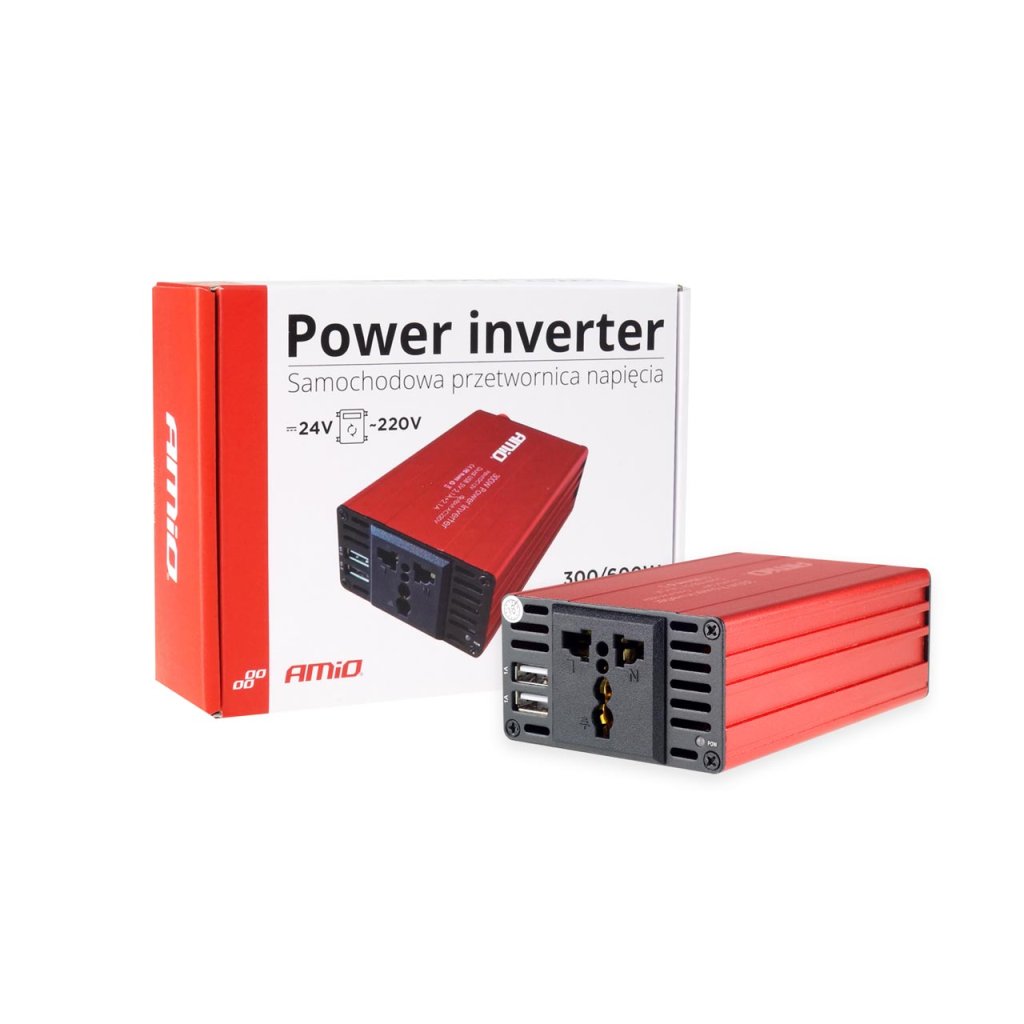 Měnič napětí AMiO 24V/230V, 300W/600W 2xUSB, 02471