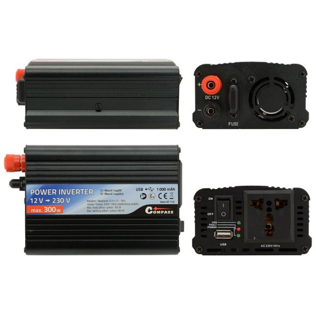 Měnič napětí z 12V na 230V, 300W + USB, 07112