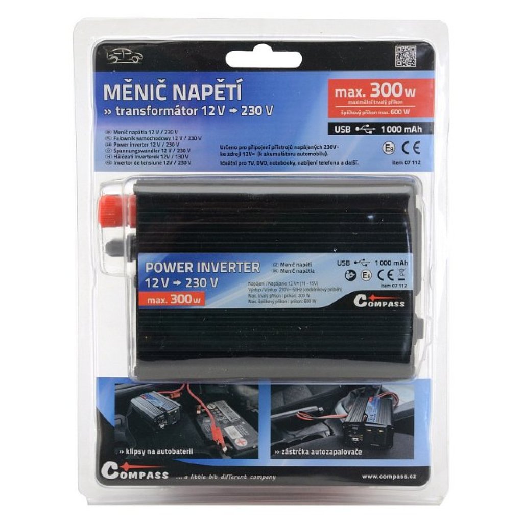 Měnič napětí z 12V na 230V, 300W + USB, 07112