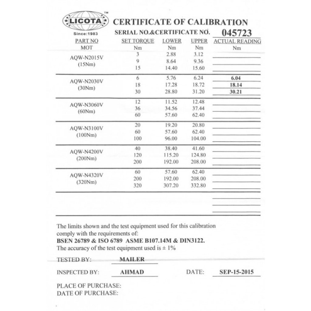 Momentový klíč LICOTA 1/4" s certifikátem, 6-30 Nm, 300 mm - LIN2030