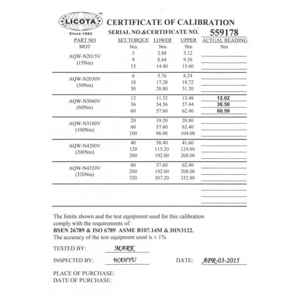 Momentový klíč LICOTA 3/8" s certifikátem, 12-60 Nm - LIN3060
