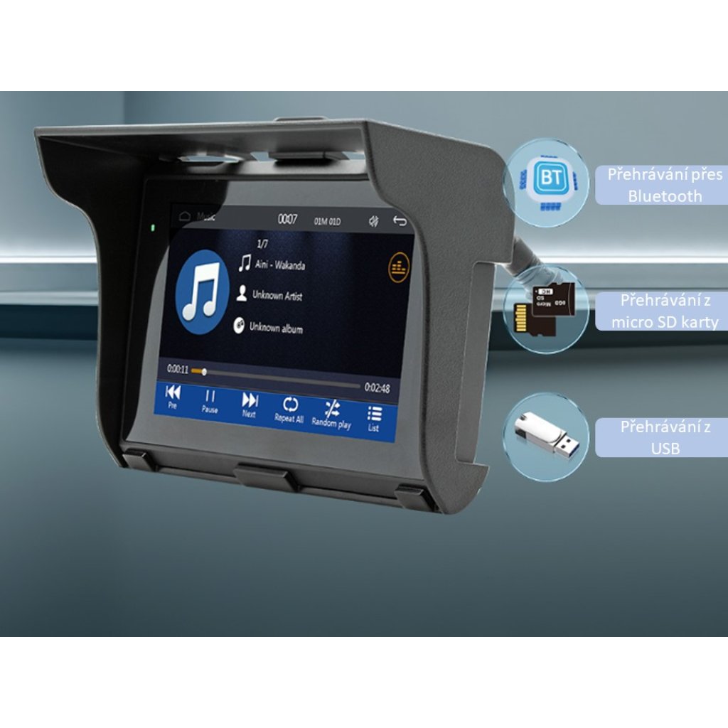 Monitor 5" na motocykl s Apple CarPlay, Android auto, Bluetooth, mini USB, micro SD