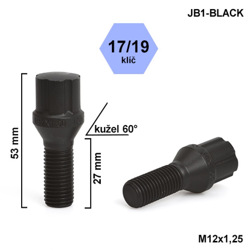 Montážní sada JB1-BLACK kolový šroub 20ks M12x1,25x27mm kužel, hlava 6SPLINE, klíč 17/19