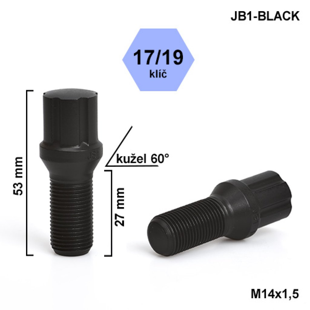 Montážní sada JB1-BLACK kolový šroub 20ks M14x1,5x27mm kužel, hlava 6SPLINE, klíč 17/19